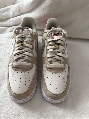 Nike Air Force 1 Low First Use White Beige Red Perforated Toe Sneakers